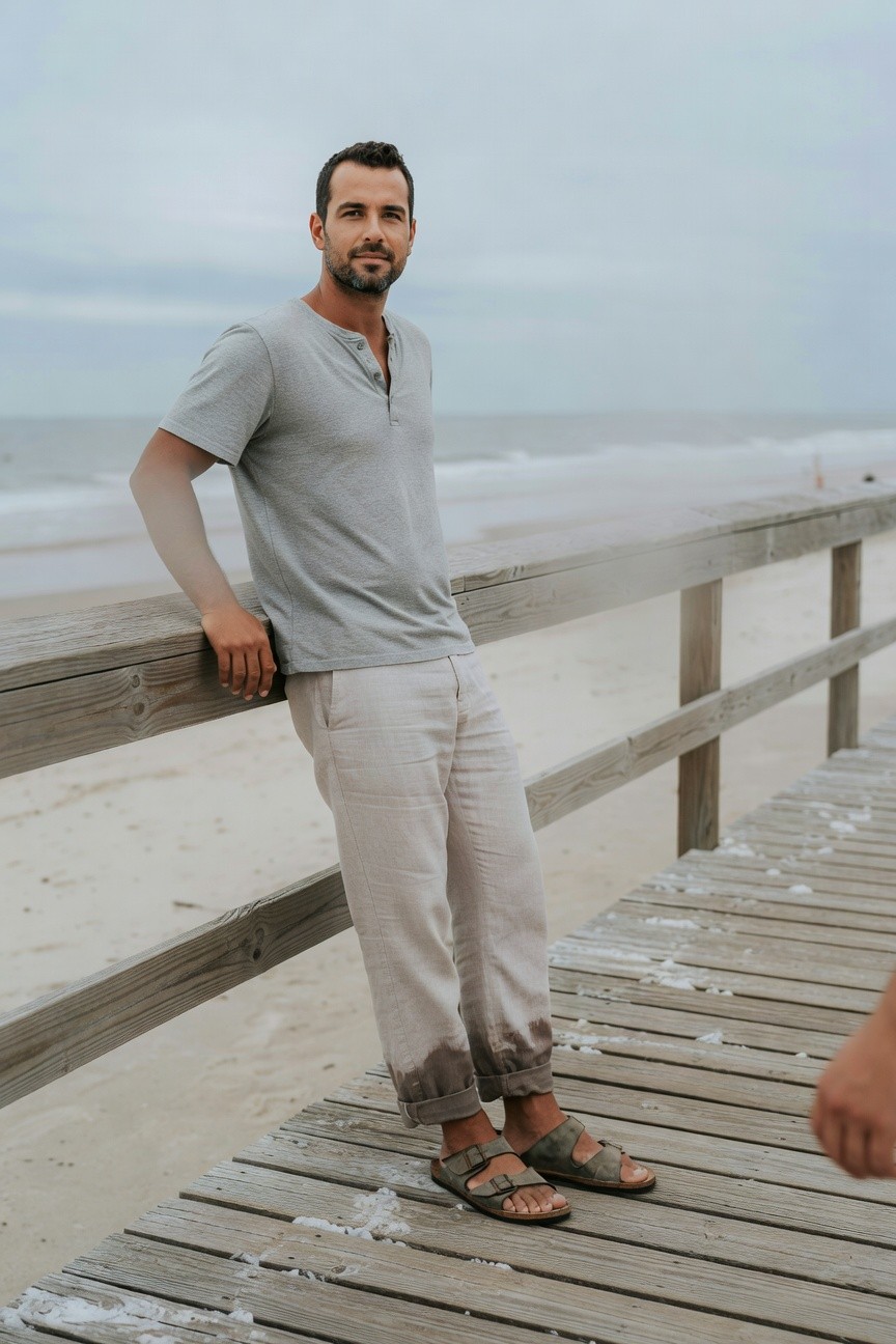 Man in light gray short-sleeve henley shirt with buttons at neck, beige linen pants cuffed at ankles, tan strappy sandals, leaning on wooden railing by beach