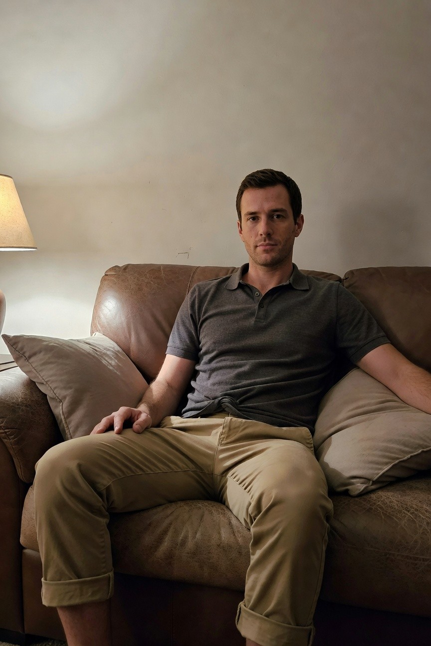 Man in grey short-sleeve polo shirt and rolled-up beige chinos sitting barefoot on a brown leather couch with neutral pillows and lamp in background