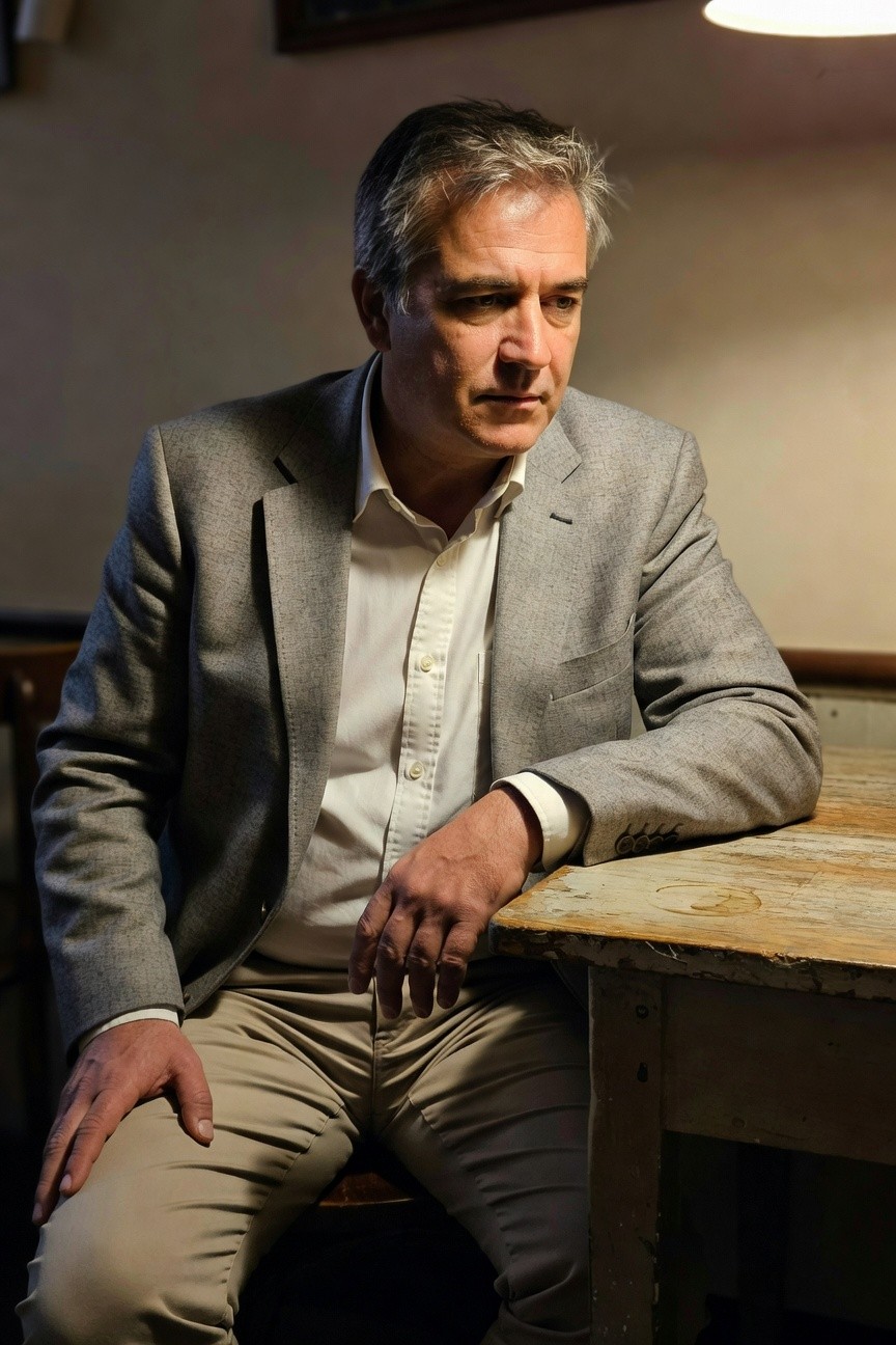 Middle-aged man in light gray blazer, white dress shirt, and beige trousers seated at a wooden table in a warmly lit room