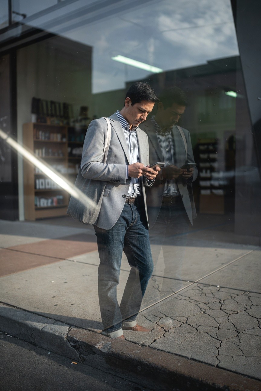 Man in light gray blazer, pale blue button-up shirt, slim blue jeans with rolled cuffs at ankles, gray messenger bag over shoulder, checking phone while standing on sidewalk outside bookstore with window reflection
