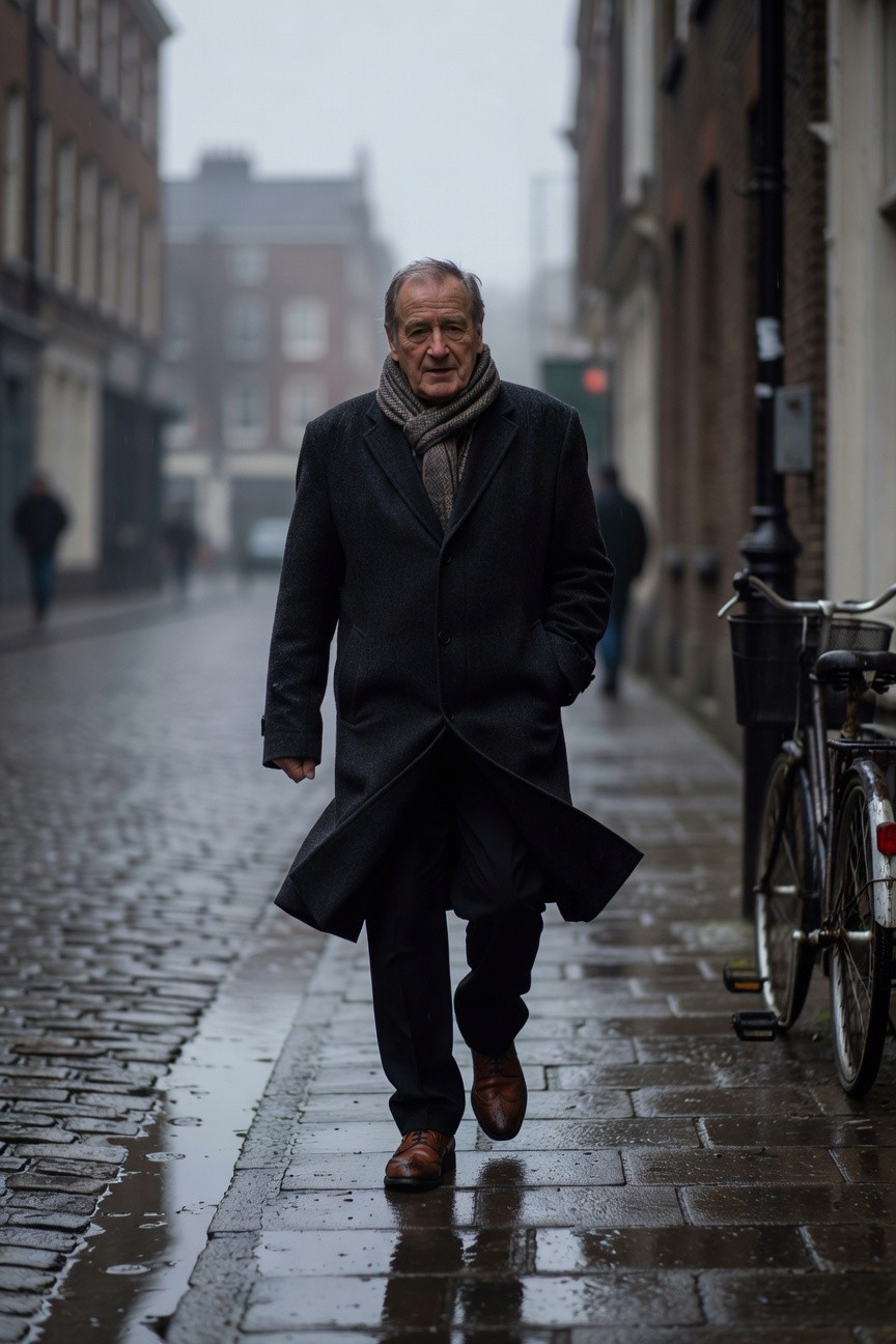 Older man walking in a long navy wool overcoat with open front, light grey scarf loosely wrapped at neck, dark straight-leg trousers, and brown leather dress shoes on a cobbled street