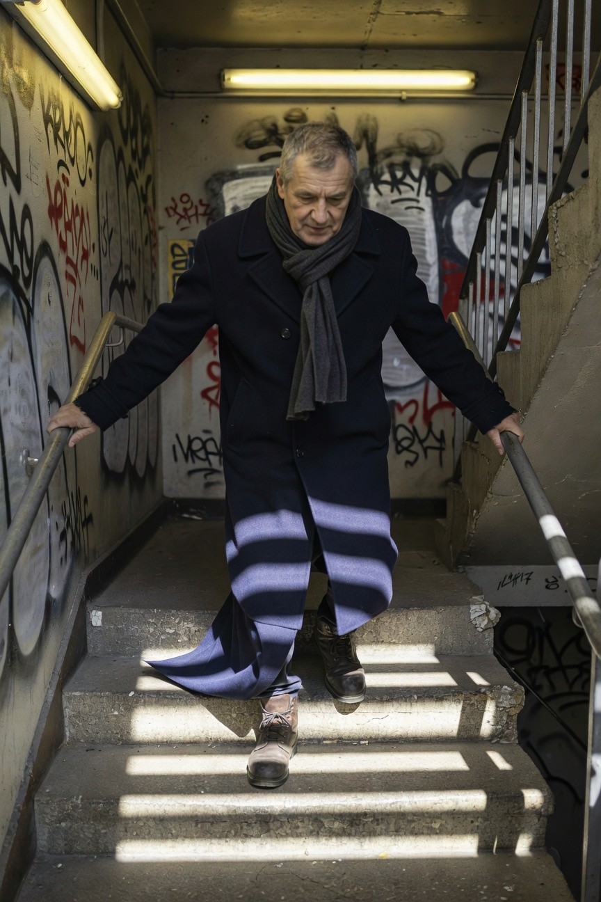 Man in long dark navy wool overcoat with gray scarf draped over shoulders, dark trousers, and brown leather shoes, walking down stairs