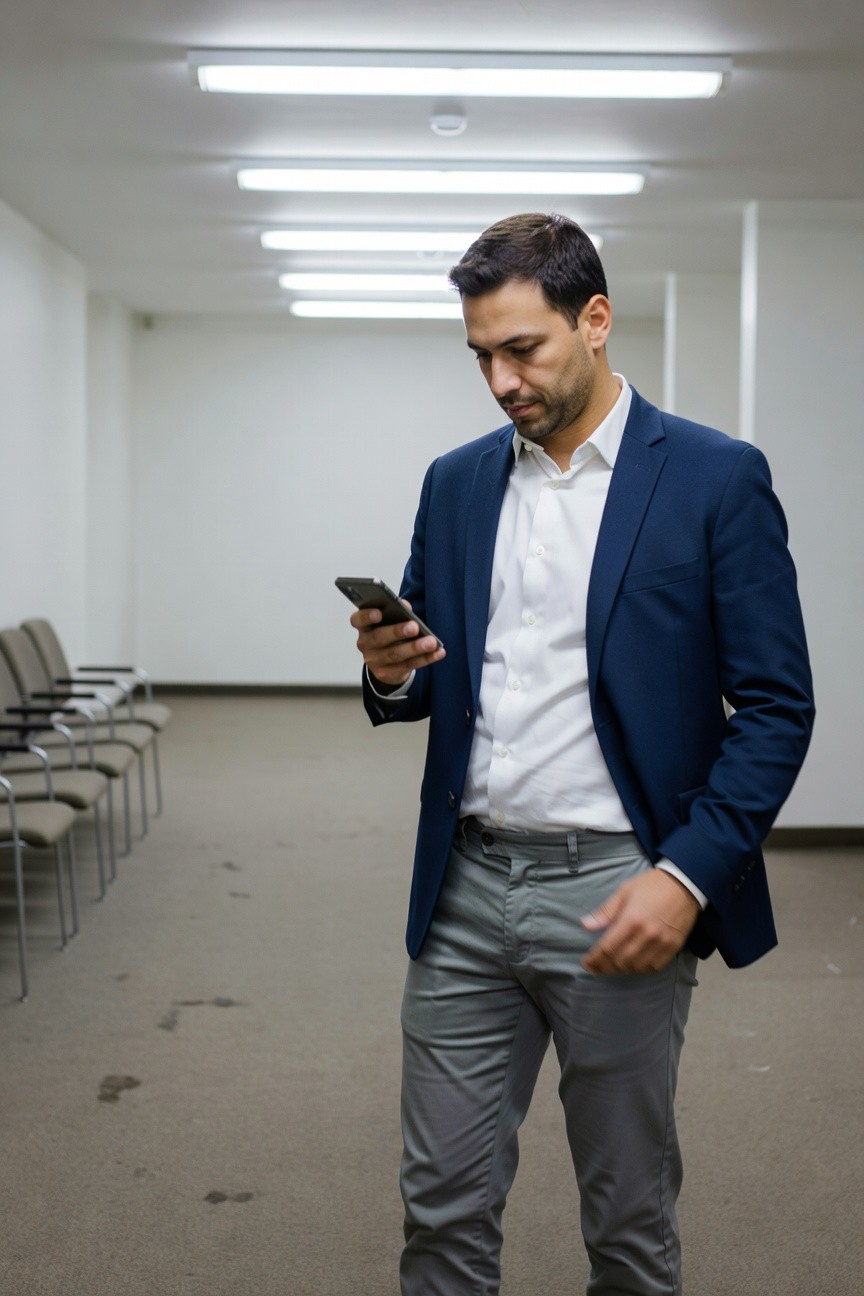 Man in navy blazer, white shirt, and light gray trousers standing in a hallway, checking his phone