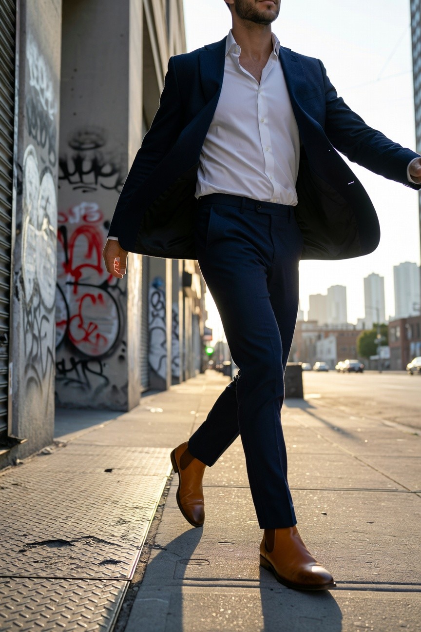 Man in open navy blue suit jacket and slim trousers over white open-collar shirt, paired with brown leather Chelsea boots, walking on urban sidewalk