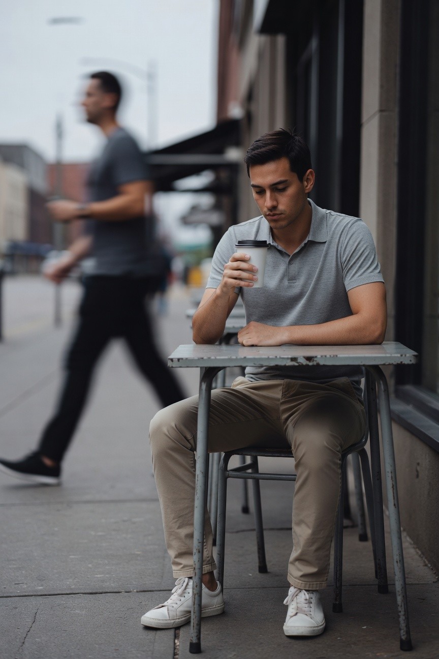Man in light gray short-sleeve polo shirt, khaki chinos, and white sneakers sitting at an outdoor metal table holding a coffee cup, blurred background of street and another person walking