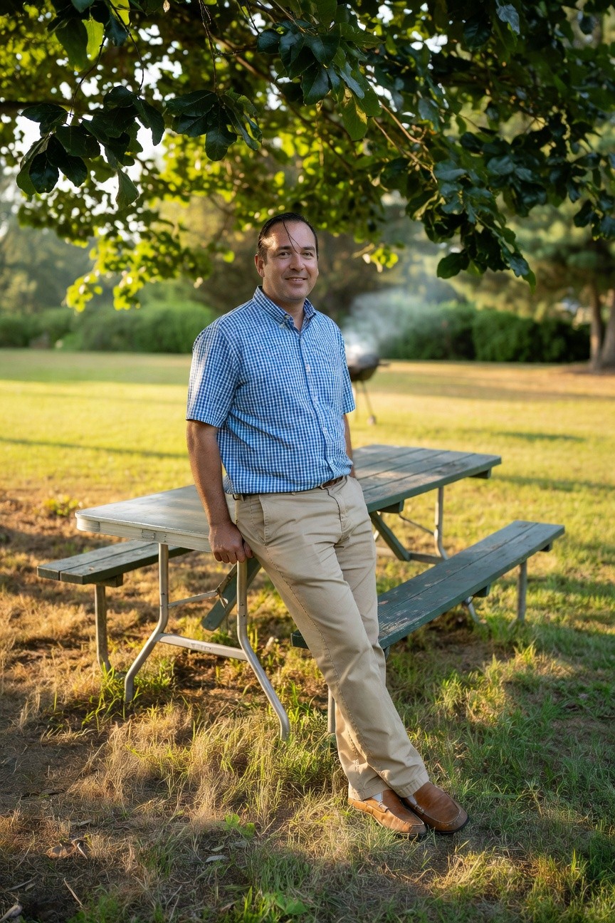 Man in light blue short-sleeve checkered button-up shirt, khaki chinos, and brown loafers, leaning casually against a picnic table