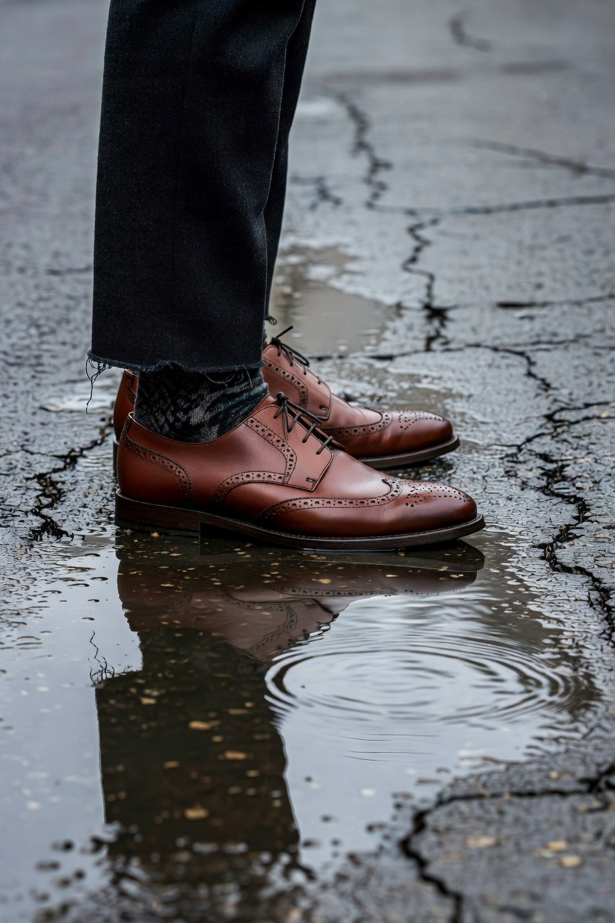Close-up of a man wearing slim dark trousers and polished reddish-brown leather brogue shoes standing on wet pavement, with reflections in puddles