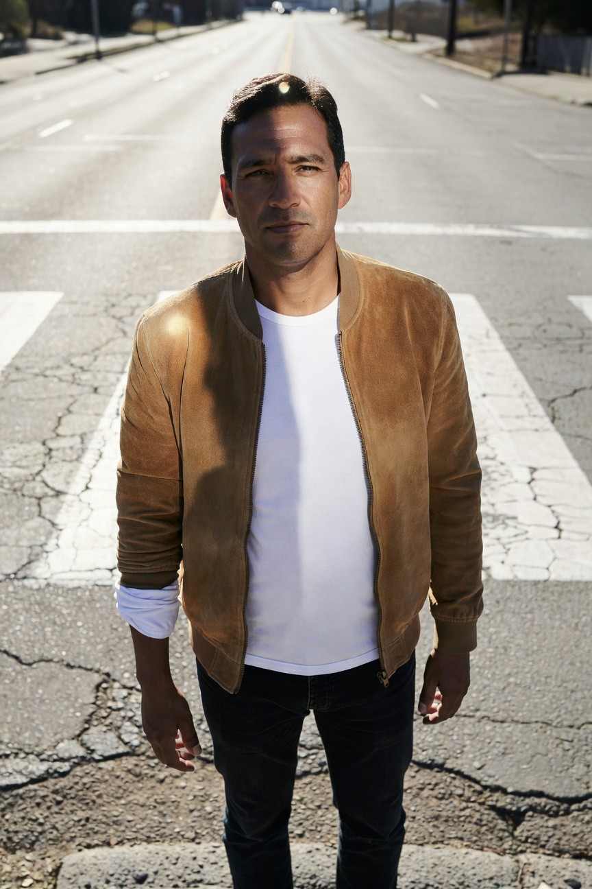 Man standing at urban crosswalk in tan suede bomber jacket over white t-shirt tucked into slim black pants, hands in pockets, direct gaze at camera
