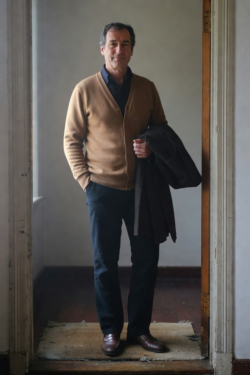 Man in open tan cardigan over navy v-neck shirt, black trousers, brown loafers, holding dark overcoat in doorway