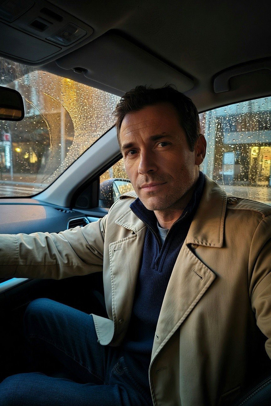 Man in beige trench coat over navy sweater and dark jeans, seated in car with neutral expression