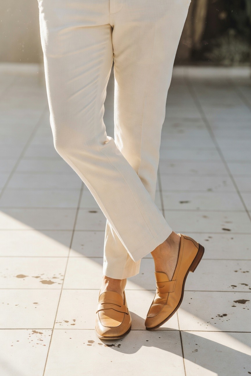 Man's lower legs crossed while standing, wearing slim white trousers tucked at ankles and tan leather loafers on a tiled balcony floor