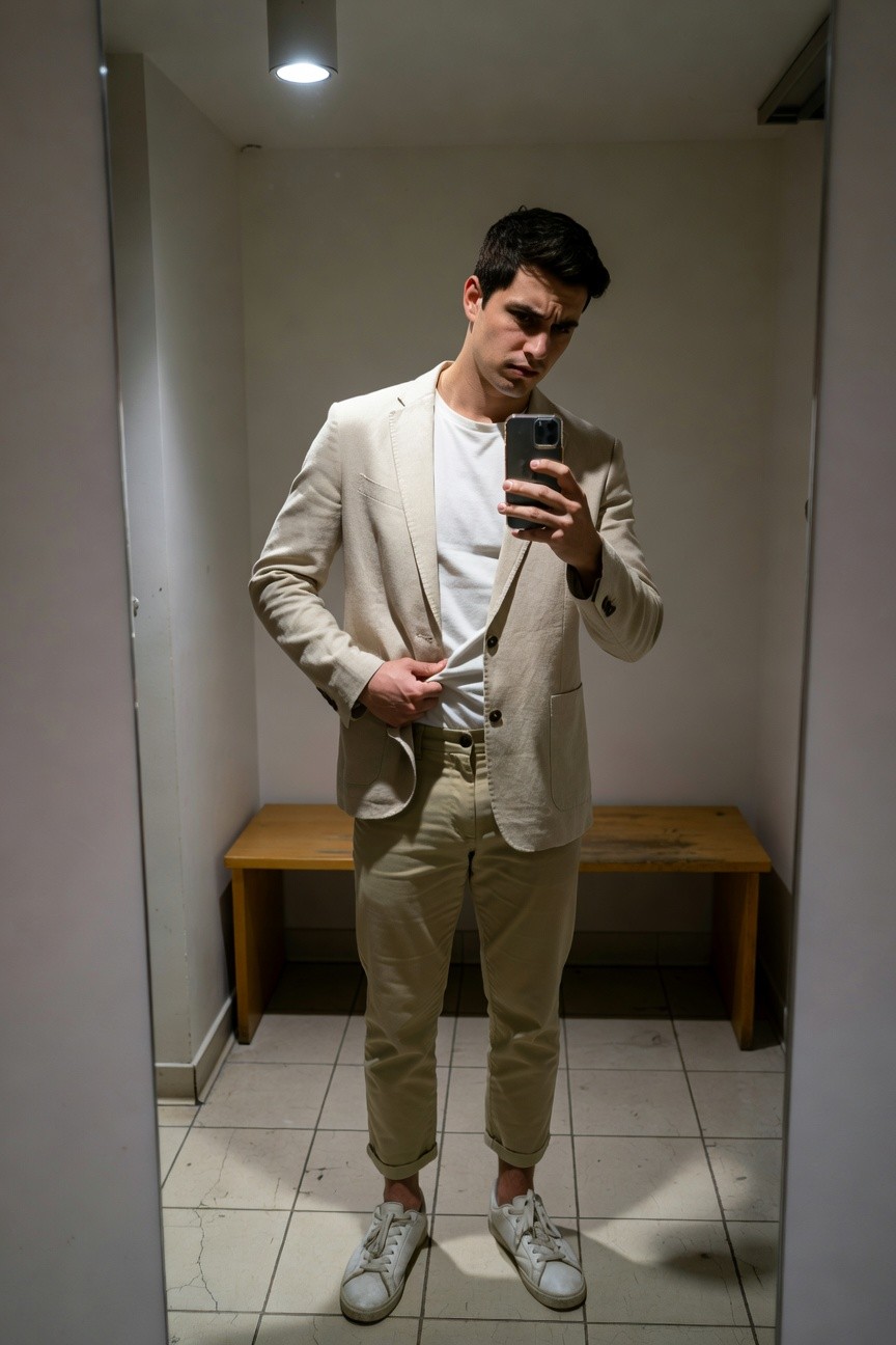 Mirror selfie of a man in a light beige linen blazer worn open over a white t-shirt, matching beige chinos cropped at the ankles, and white sneakers, standing in a fitting room with wooden bench and soft overhead lighting