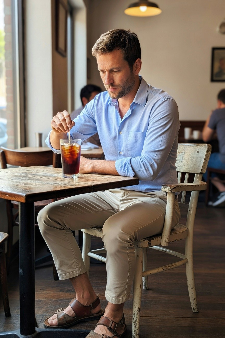 Man in light blue chambray button-up shirt, khaki chinos, and brown leather sandals sits at a cafe table stirring iced tea, embodying relaxed summer style
