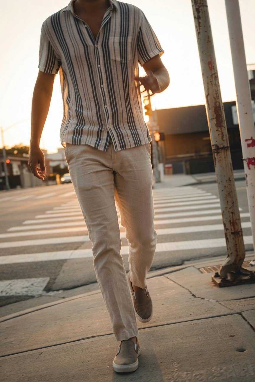 Man in open white-and-blue striped short-sleeve linen shirt, beige linen trousers, and tan suede slip-on shoes, striding across a sunlit crosswalk at sunset with urban backdrop