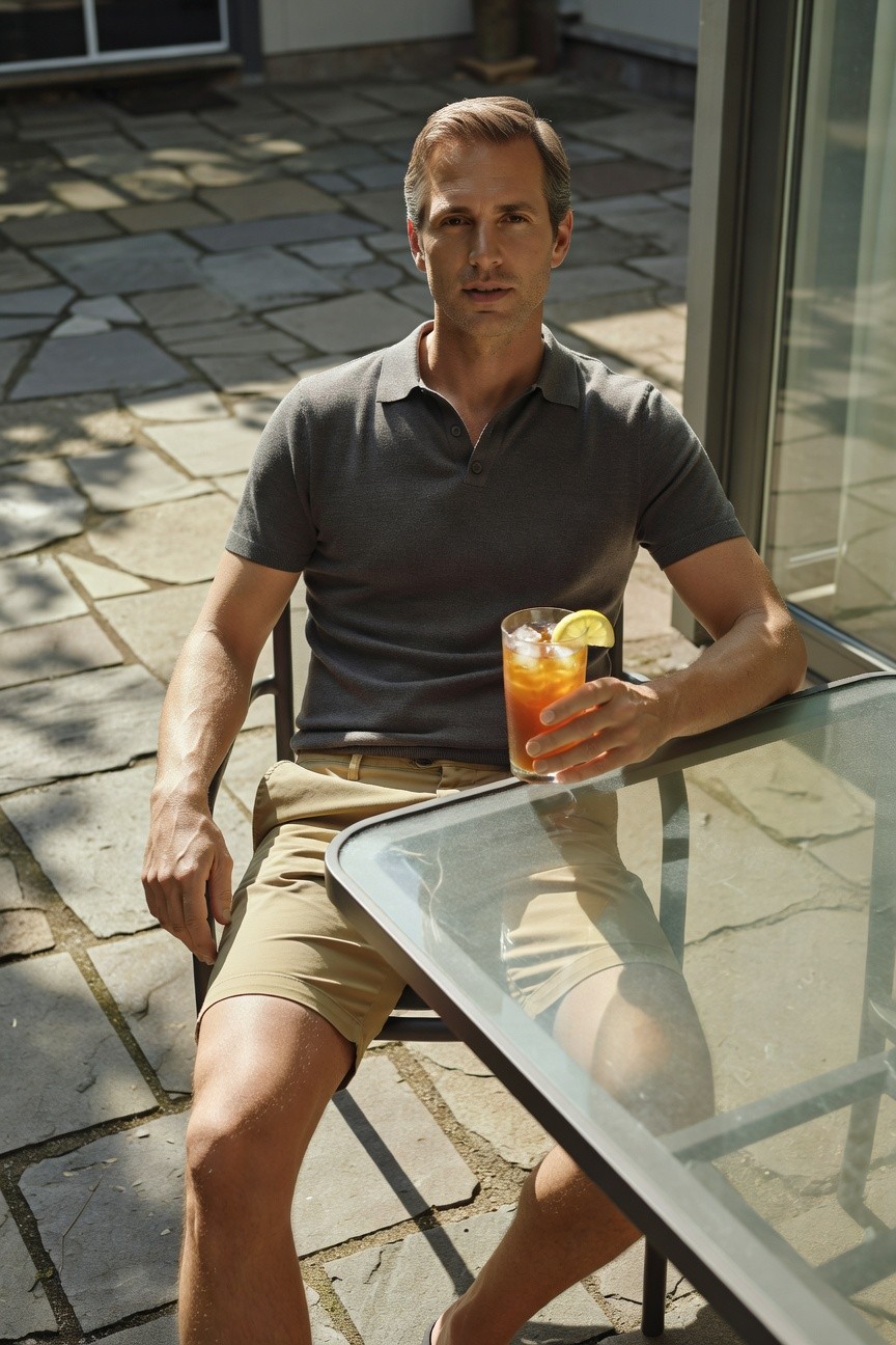 Man in charcoal gray short-sleeve polo shirt and light khaki shorts sits relaxed at outdoor glass table, holding iced drink garnished with lemon slice, patio setting with stone floor and greenery