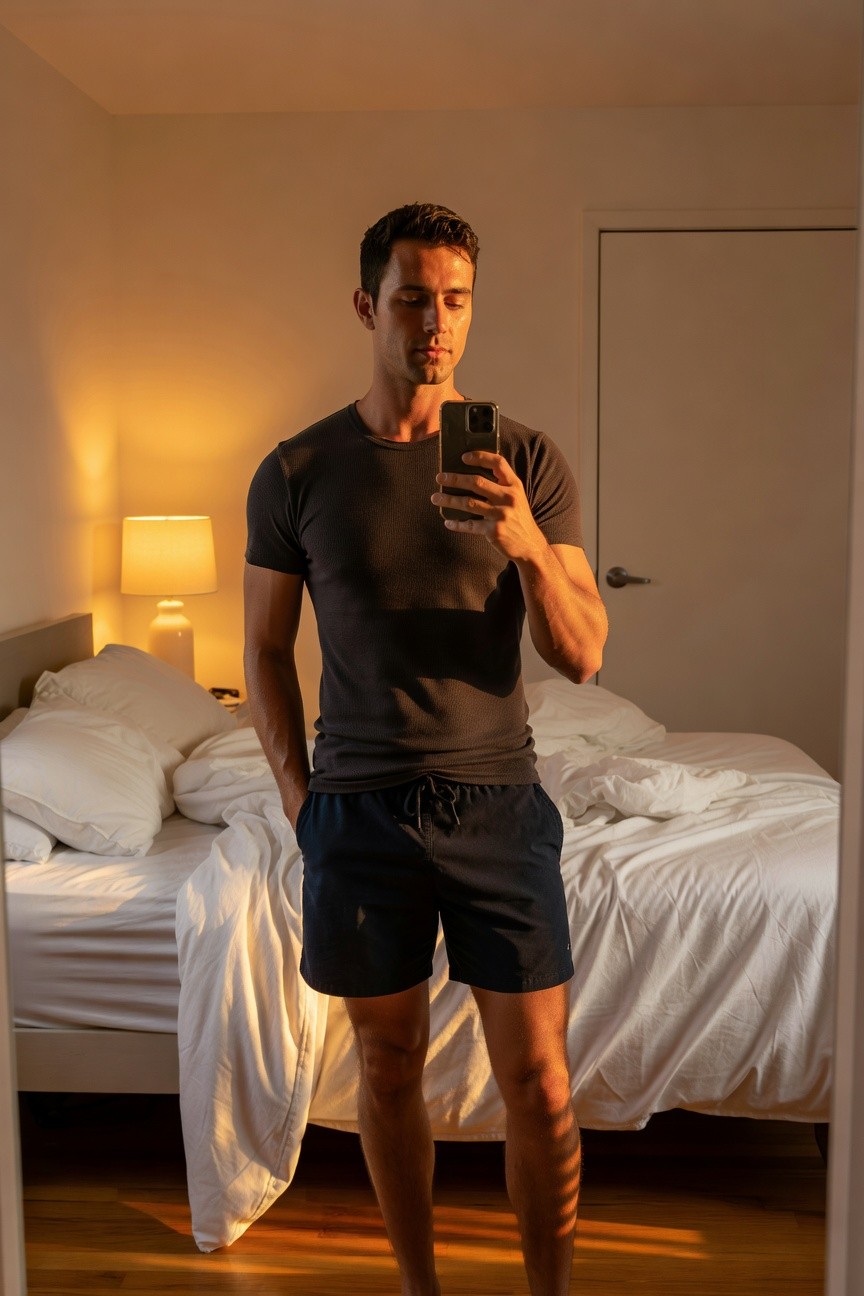 Muscular man in fitted charcoal gray t-shirt and navy drawstring shorts stands barefoot in sunlit bedroom, holding phone for selfie with rumpled white bed and lamp in background
