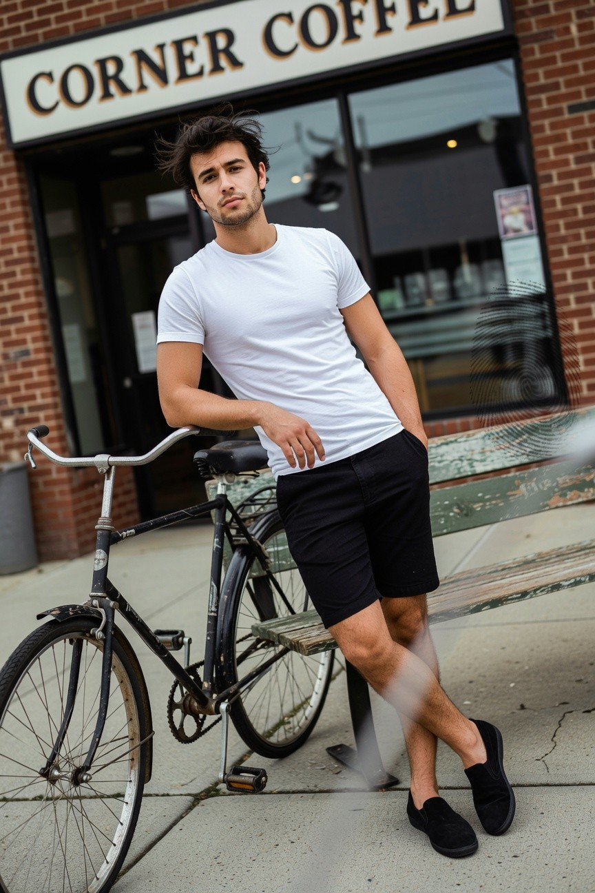 Young man with dark hair leaning casually on a black vintage bicycle outside a brick Corner Coffee shop, wearing a fitted white short-sleeve t-shirt, slim black mid-thigh shorts, and black slip-on loafers, evoking sleek summer urban style