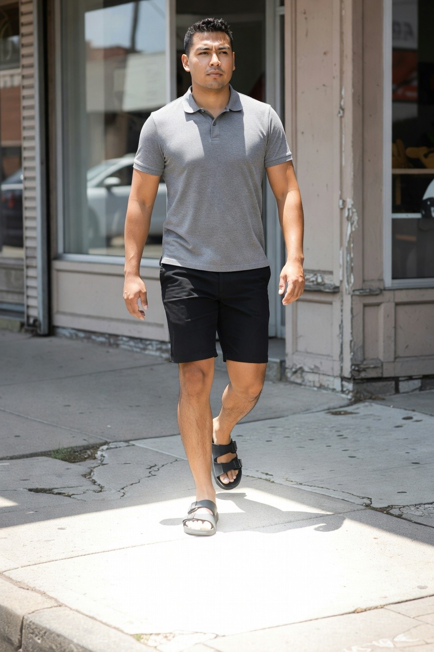 A fit Latino man in his 30s walks confidently on a sunny urban sidewalk wearing a fitted gray short-sleeve polo shirt, black mid-thigh shorts, and black strap sandals, with large glass storefronts and parked cars in the background