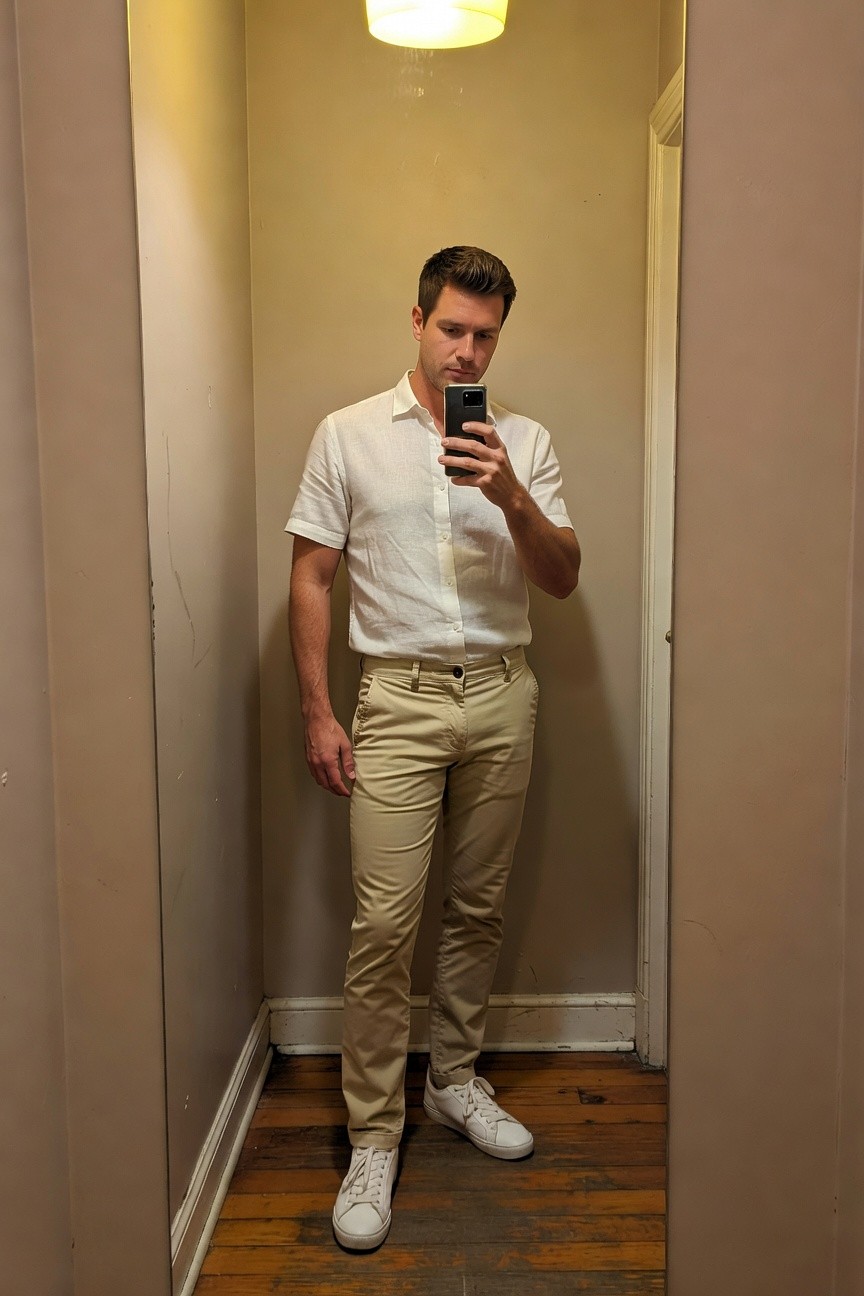 A man in a narrow hallway takes a selfie wearing a white short-sleeve linen button-up shirt, beige khaki chinos, and white sneakers, lit softly from a ceiling fixture for a casual summer look.