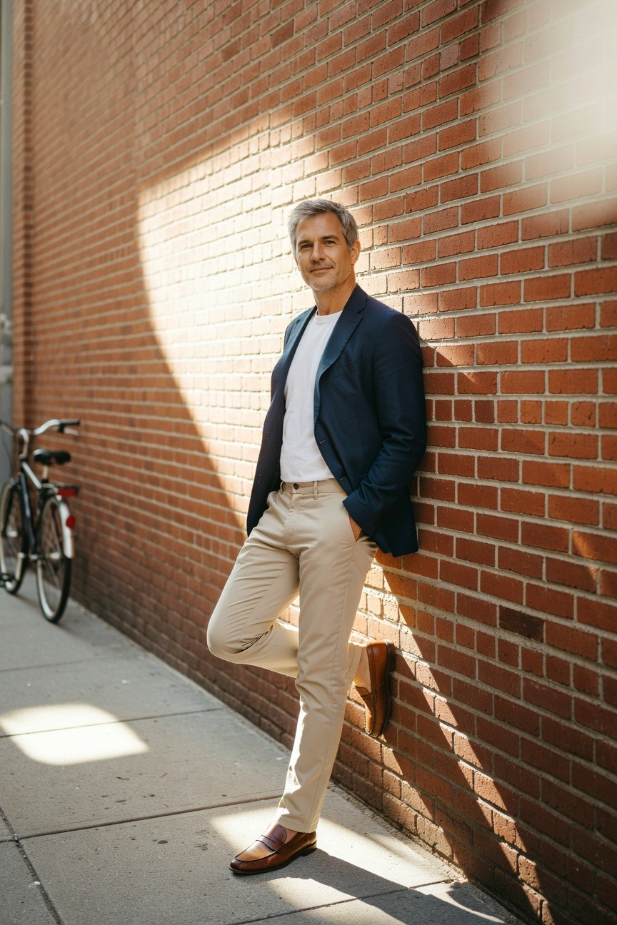 Silver-haired man in open navy blazer, white t-shirt, beige trousers, and brown loafers leans casually against red brick wall with bicycle nearby in sunny urban alley