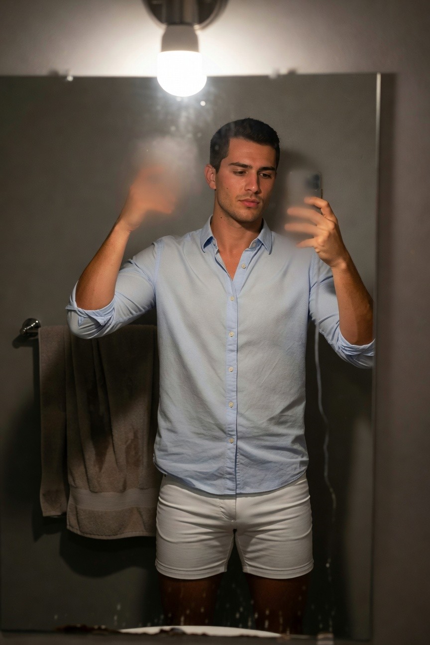 Young man in a steamy bathroom mirror selfie, wearing a light blue button-up shirt with rolled sleeves and open collar over tight white micro-shorts, hands raised holding phone in motion blur, sleek summer casual vibe
