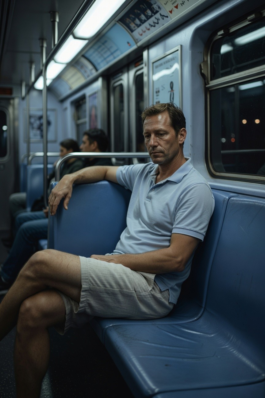 Man in light blue short-sleeve polo shirt and beige mid-thigh shorts sits casually on subway seat, arm draped over backrest, urban evening light filtering through windows