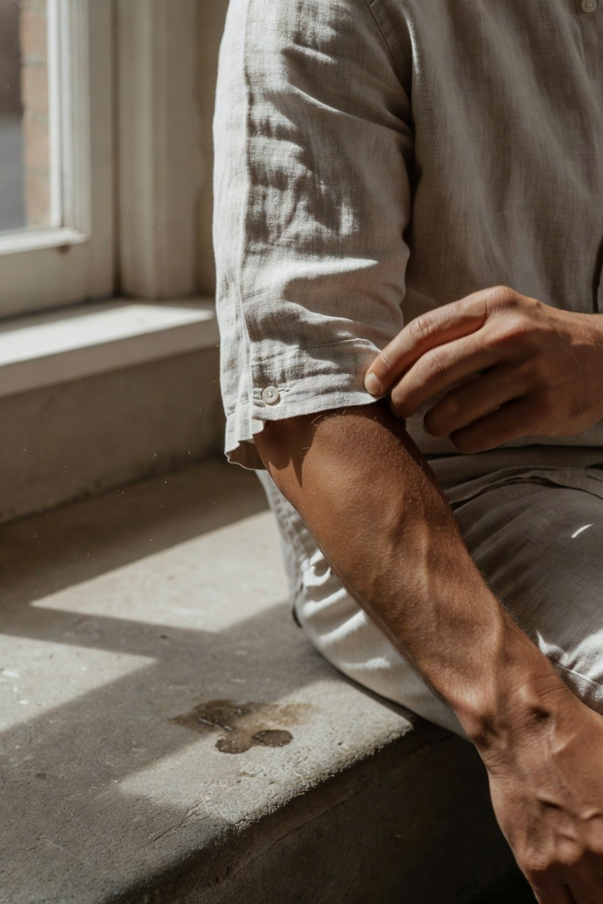 Man seated on sunlit concrete steps beside a large window, wearing a loose-fitting short-sleeve beige linen shirt with structured collar and sleeves, light pants visible, hand gesturing relaxedly, warm natural light highlighting fabric texture and arm definition