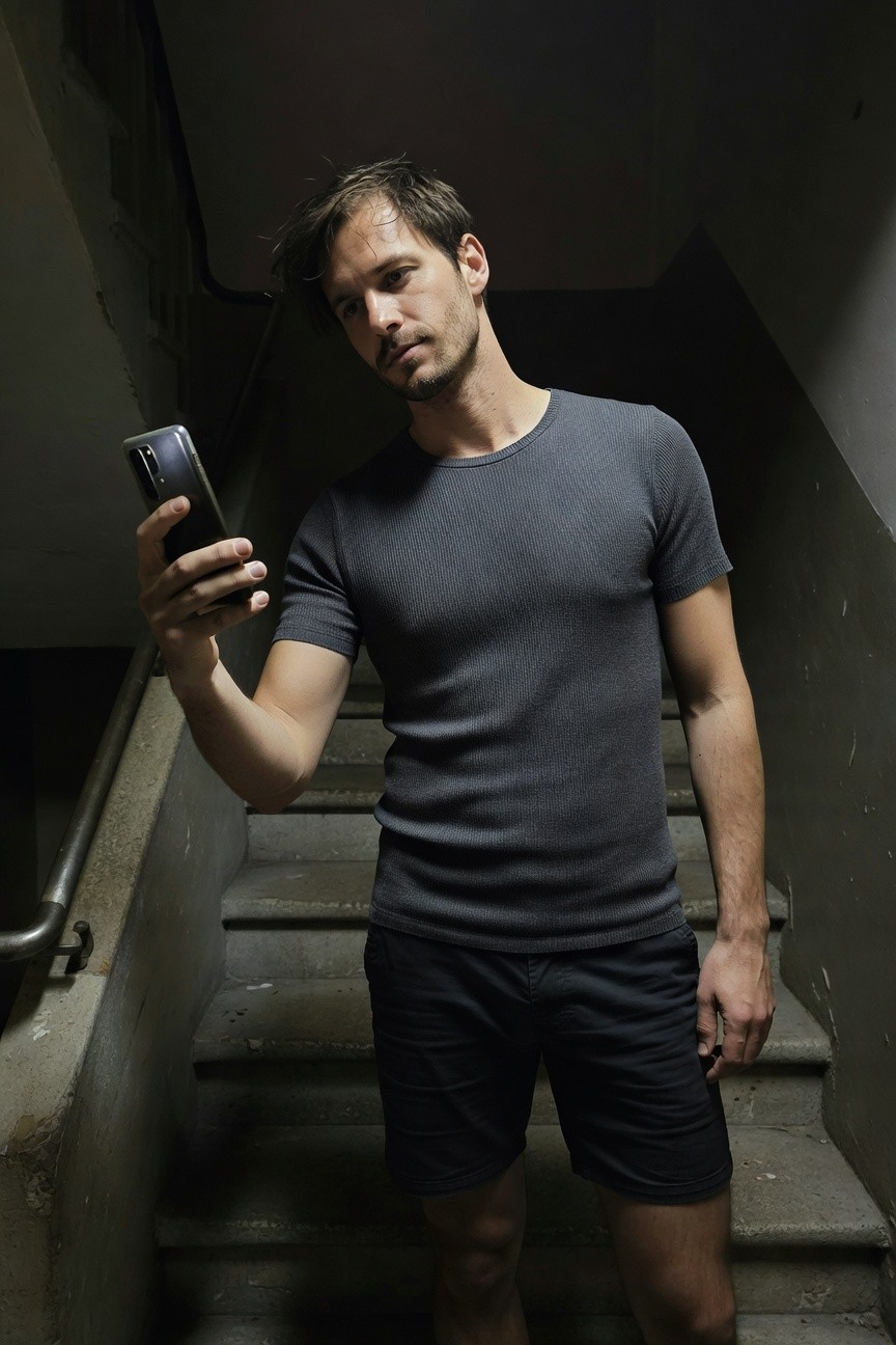 Man in dim stairwell selfie wearing fitted grey ribbed short-sleeve top and slim black shorts, casual summer minimalist vibe