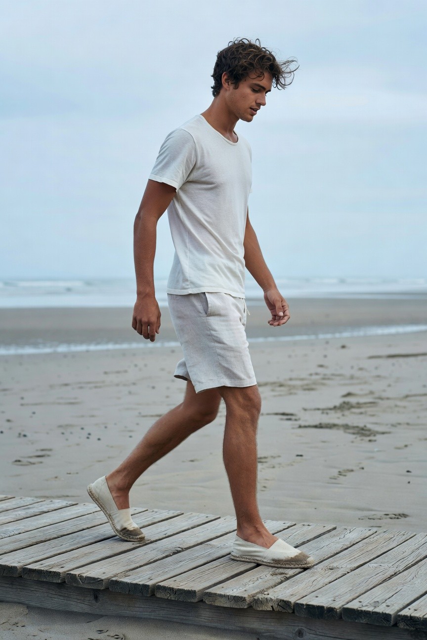 Young man with tousled hair walks away on a beach boardwalk wearing a white short-sleeve t-shirt, matching linen shorts, and white espadrilles, against a sandy shore and overcast sky