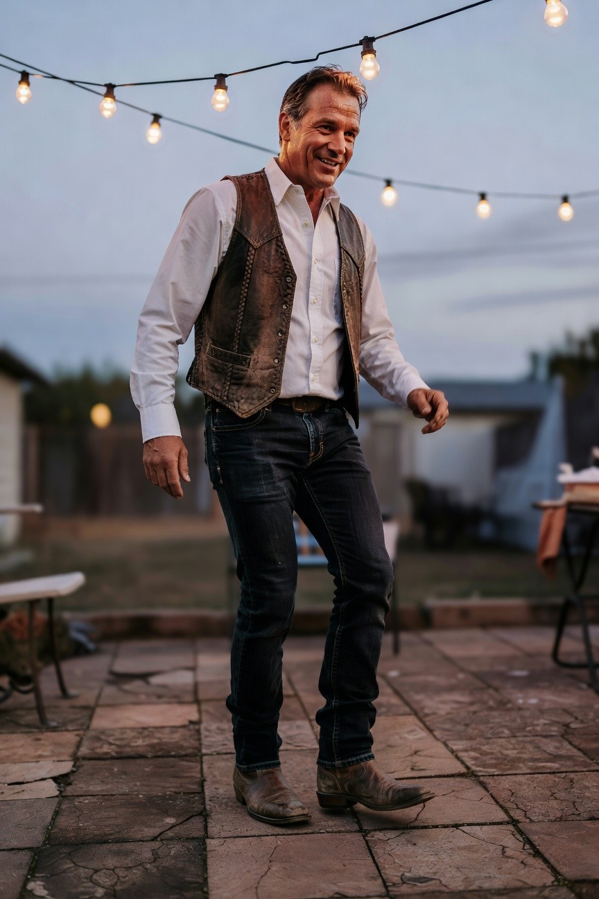 Man standing casually in brown leather vest over white long-sleeve shirt, dark slim jeans, tan cowboy boots, and belt, on a patio under string lights
