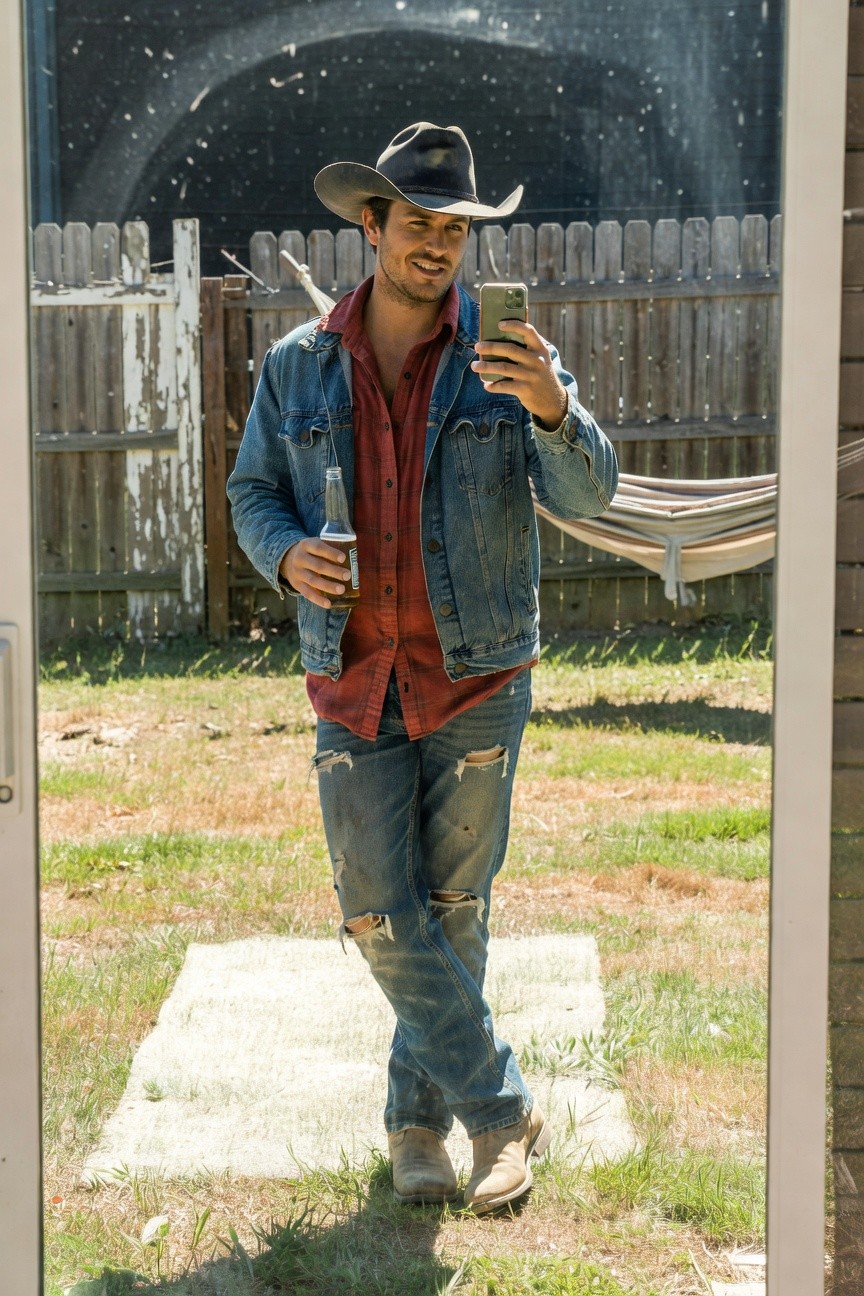 Man in black cowboy hat, open faded denim jacket over red shirt, ripped blue jeans, tan boots, holding two beers in mirror selfie for cowboy party outfit inspiration