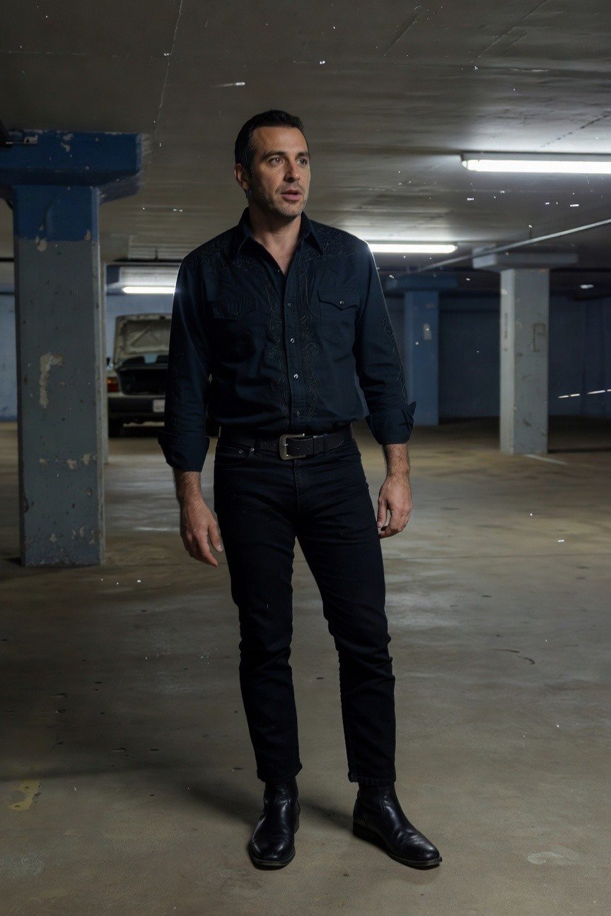 Man standing confidently in a dark navy button-up shirt, slim black pants, black belt, and Chelsea boots in a dimly lit parking garage, evoking a modern urban cowboy style