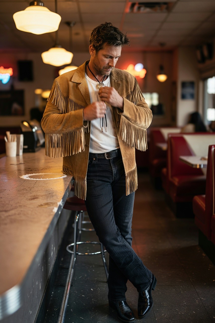 Man leaning at a diner bar in a tan fringed suede jacket over white shirt with necklace, dark slim jeans, and black boots, casual cowboy style