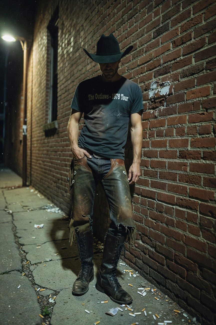 Man in black cowboy hat, faded gray graphic t-shirt, brown leather chaps over dark jeans, and tall fringed leather boots, leaning casually with hands in pockets