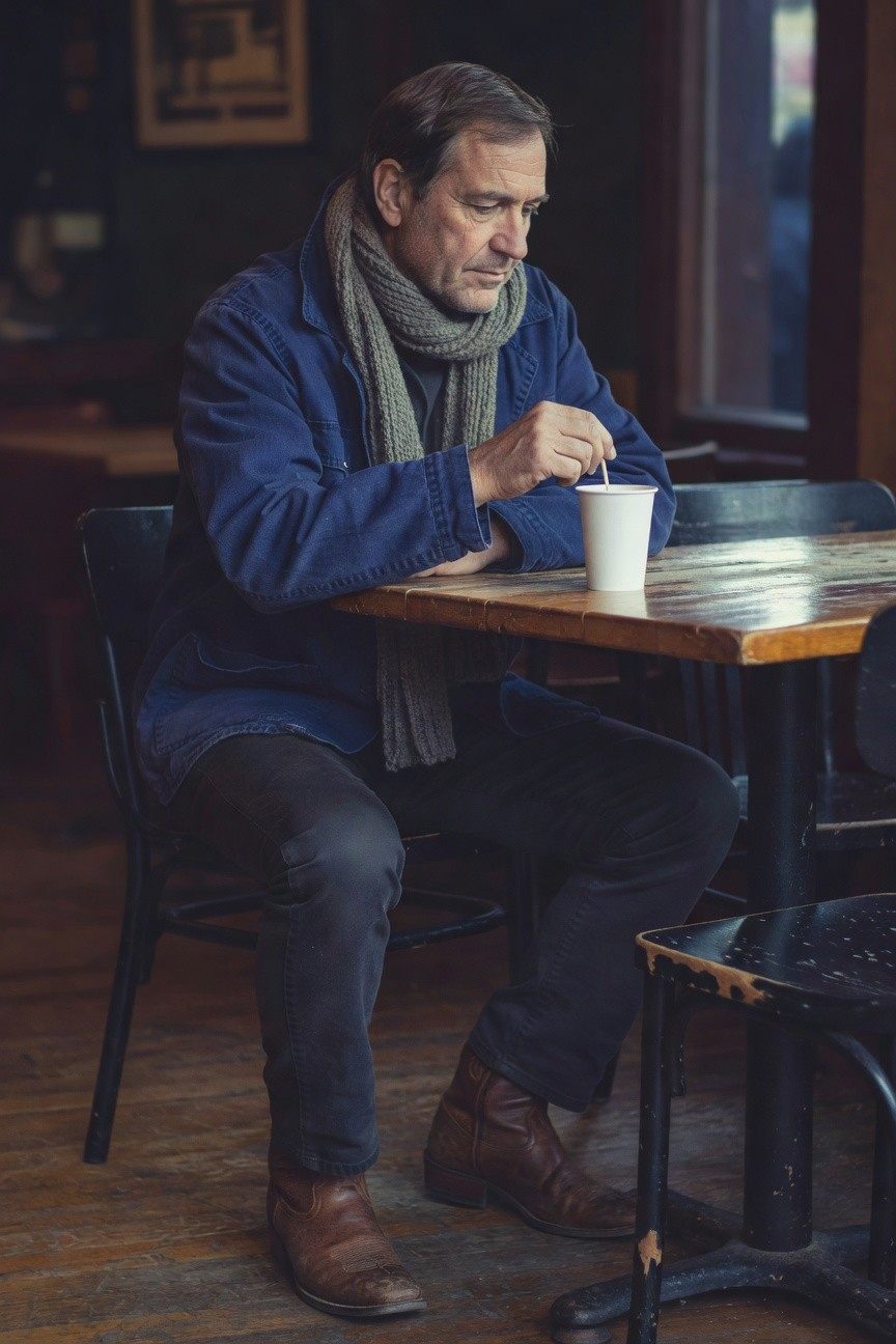 Man in navy corduroy jacket, gray wool scarf, black slim pants, and brown leather boots, sitting at a wooden cafe table with a white paper cup