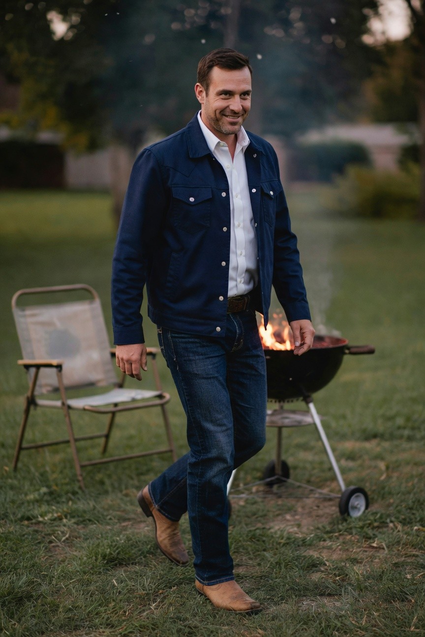 Man in navy denim jacket over white button-down shirt, dark straight-leg jeans, tan cowboy boots, and leather belt, standing casually outdoors