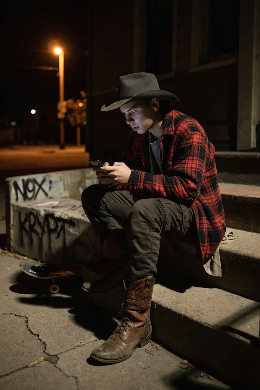 Man in gray cowboy hat, red plaid flannel shirt over tee, khaki pants, and brown cowboy boots, sitting on urban steps at night holding phone with skateboard nearby