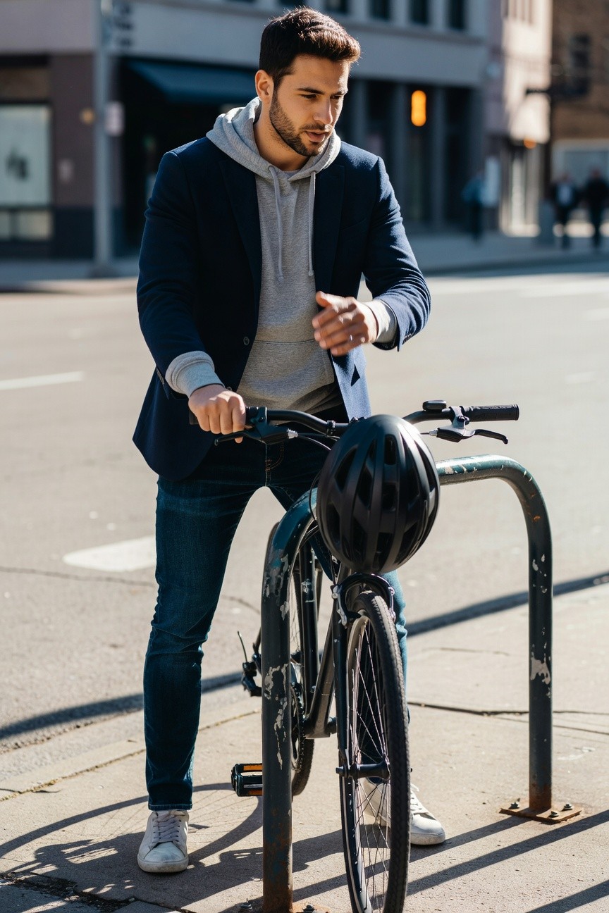 Young man with short dark hair in navy blazer over gray hoodie, dark slim jeans, white sneakers, holding black bike helmet while unlocking bicycle on urban street with blurred passersby and buildings