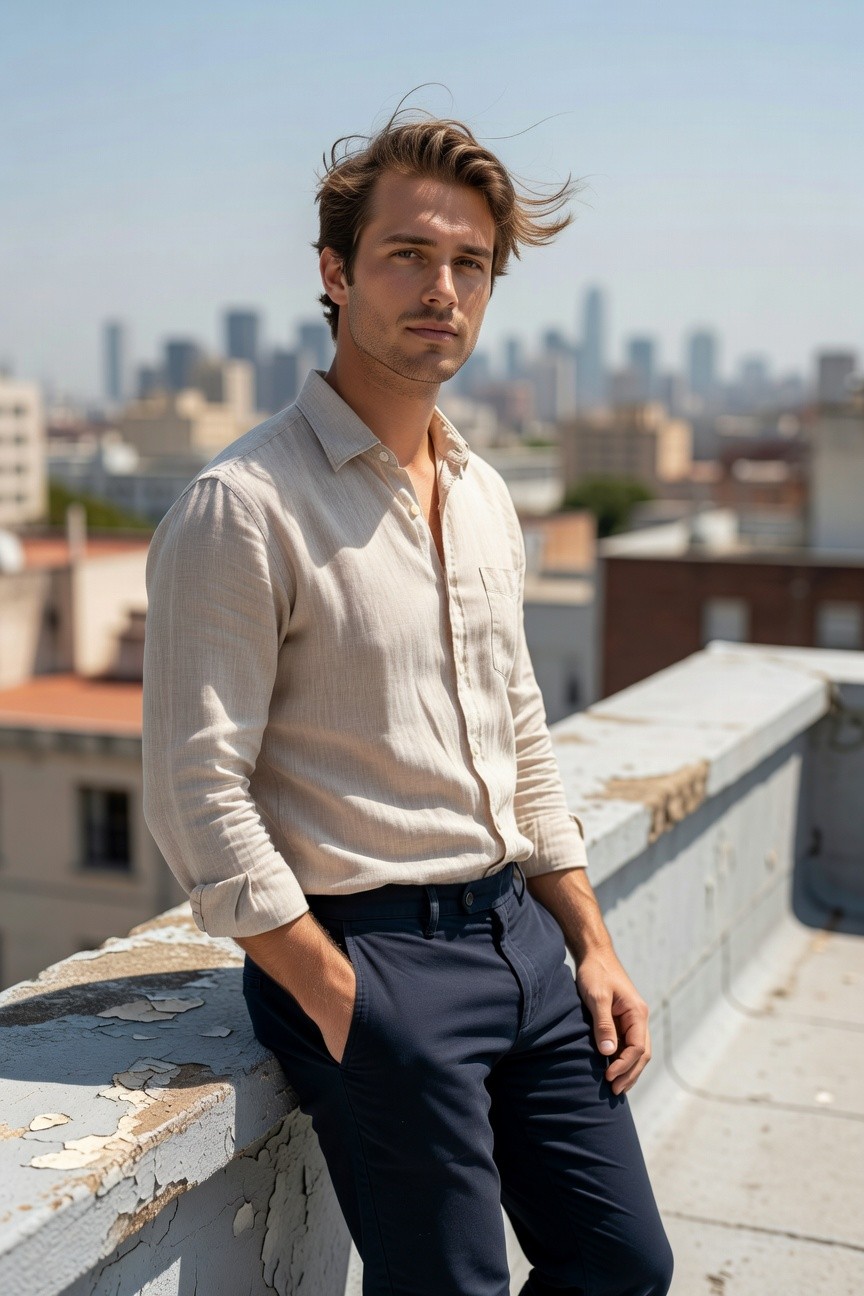 A man with tousled hair stands confidently on a weathered rooftop overlooking a hazy city skyline, wearing an open-collar beige linen shirt with full sleeves and slim navy trousers, hands in pockets for a relaxed smart casual look.