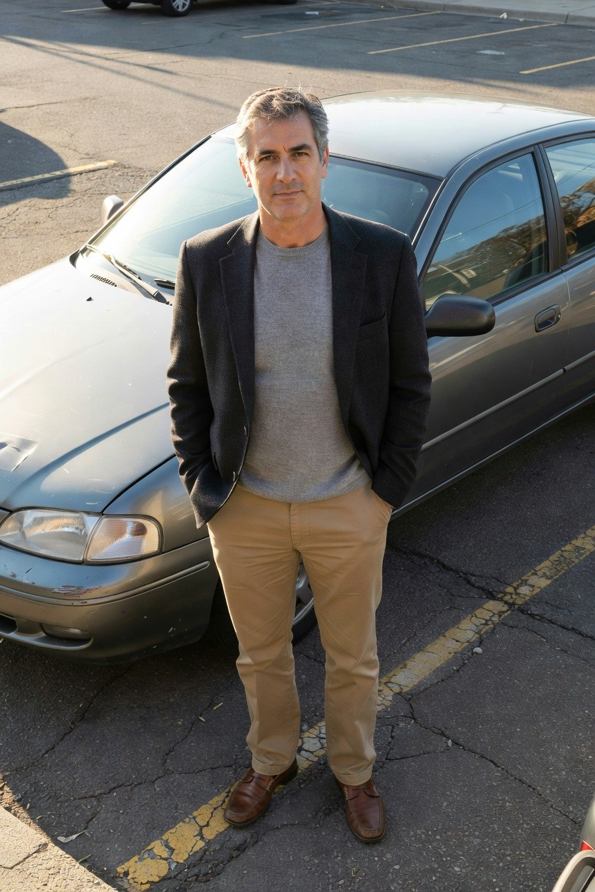 Middle-aged man with graying hair stands confidently beside a silver sedan in a parking lot, dressed in a charcoal blazer over a light gray sweater, khaki chinos, and brown loafers, hands in pockets for a smart casual look.