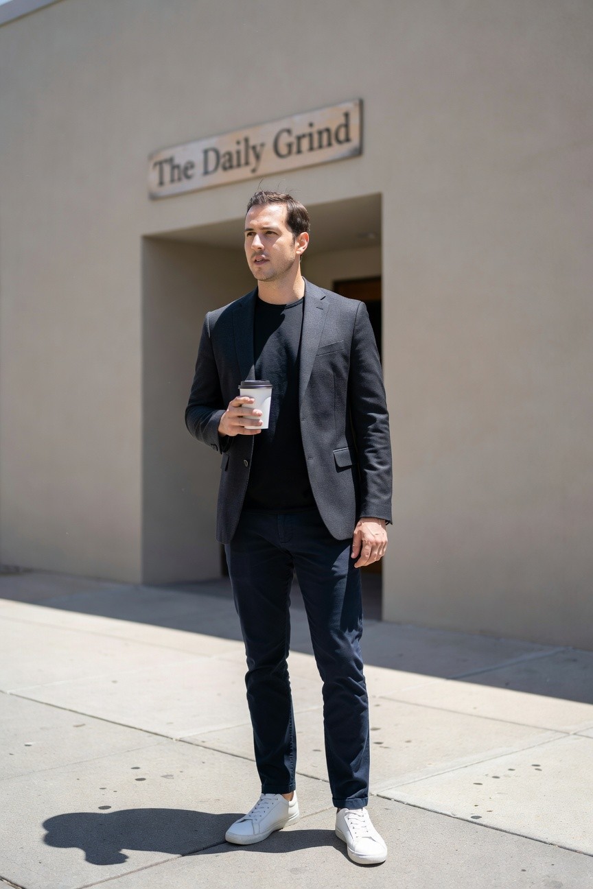 Man in slim charcoal blazer over black t-shirt, navy slim trousers, and white sneakers stands confidently outside a coffee shop named The Daily Grind, holding a to-go cup