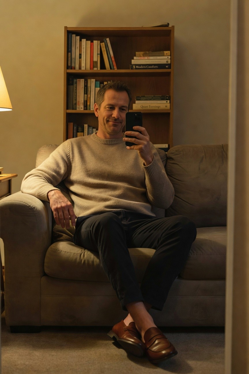 A man in his 40s smiles at his phone while seated on a beige sofa in a warmly lit living room; he wears a light cream crewneck knit sweater, slim black trousers, and brown leather loafers without socks, legs casually crossed, bookshelves and lamp in the background.