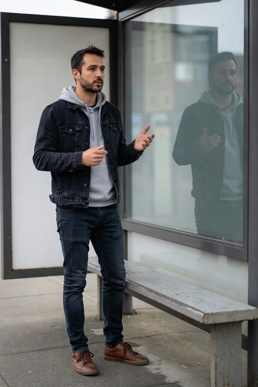 A man in a dark denim jacket over a grey hoodie, slim dark jeans, and brown leather boots stands gesturing at a bus shelter with a reflective glass panel showing his silhouette