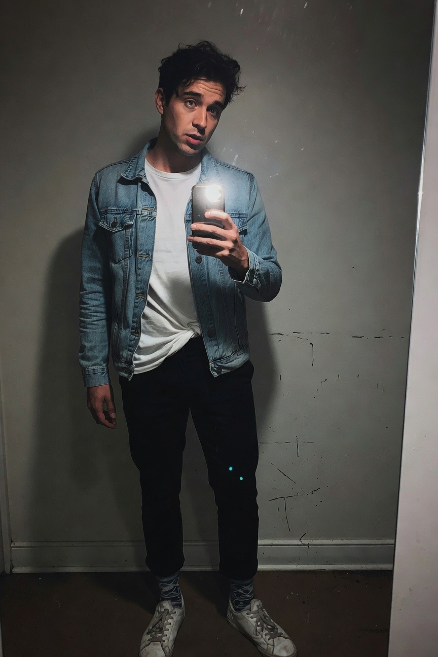 Mirror selfie of a man in light-wash denim jacket worn open over white t-shirt, black tapered pants, white sneakers with visible socks, casual smart casual pose against neutral wall