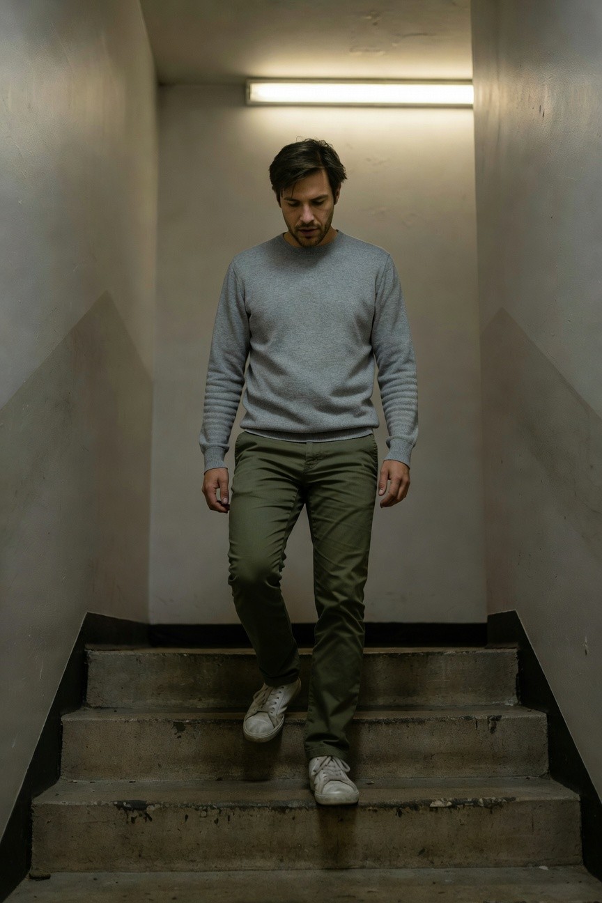 Man in grey crewneck sweater and slim olive pants with white sneakers walking down dimly lit concrete stairs in a narrow hallway