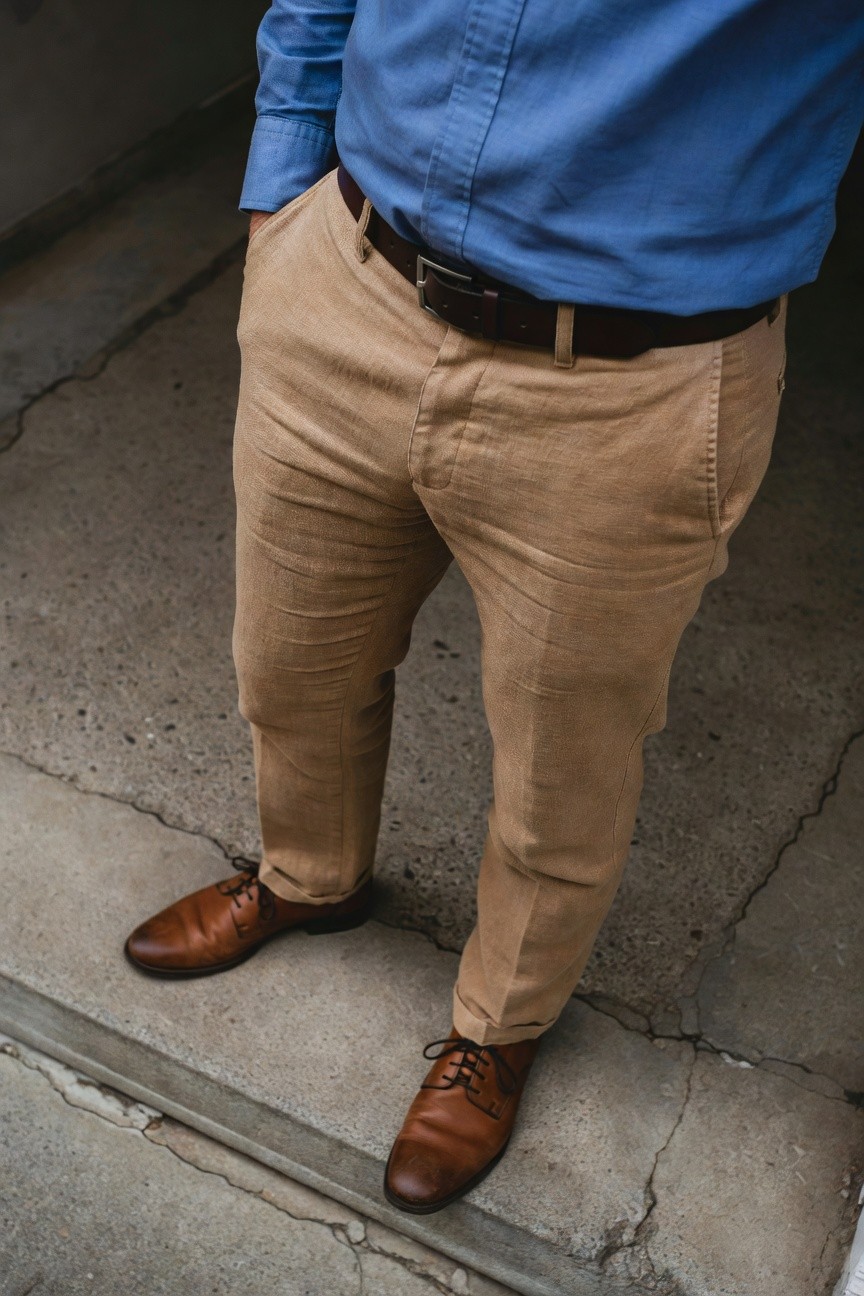 Man in light blue long-sleeve button-down shirt tucked into beige linen trousers with brown leather belt and matching oxford shoes, standing casually on concrete steps