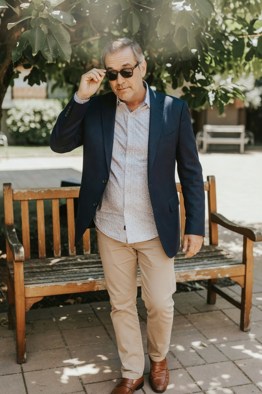 Middle-aged man in navy blazer over light blue striped shirt, beige chinos, brown loafers, and sunglasses, posing casually by wooden bench under leafy tree on sunny paved courtyard