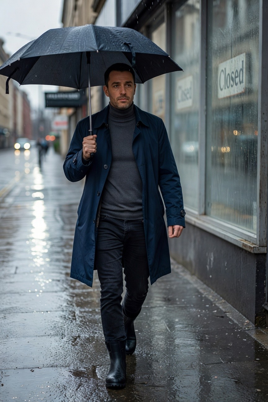 A man walks confidently down a rainy urban street at night, holding a black umbrella; he wears a long navy blue overcoat over a grey turtleneck sweater, black slim pants, and black wellington boots, with wet pavement reflections and closed shopfronts in the background.