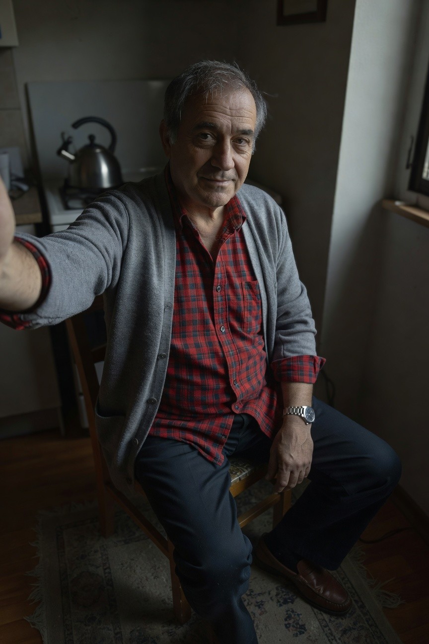 Older man in gray open cardigan over red plaid shirt, navy trousers, brown loafers, sitting casually in kitchen with selfie arm extended