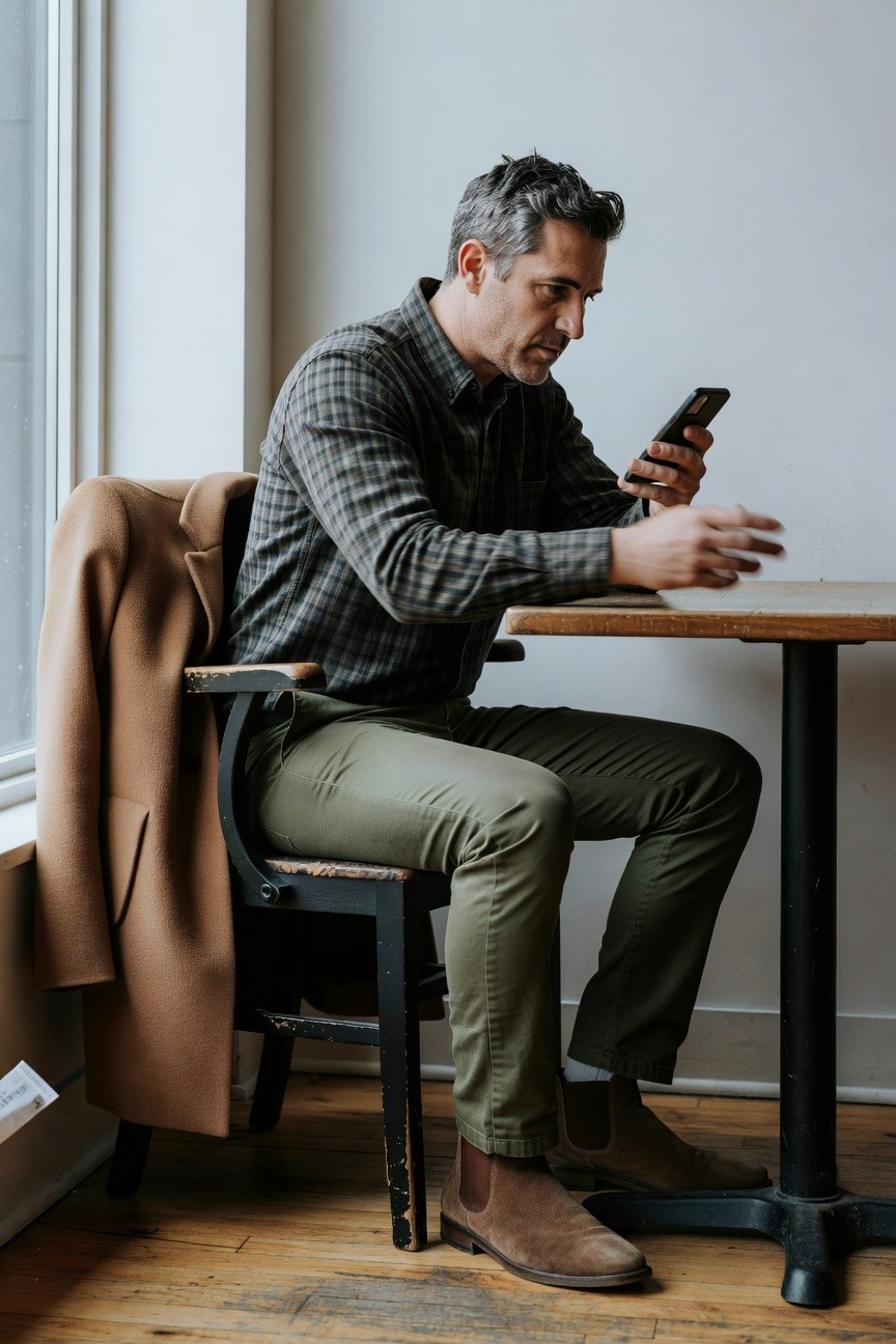 Middle-aged man in charcoal plaid long-sleeve shirt, olive green slim pants, and tan suede boots sits at a wooden table by a window, camel coat draped over his chair, checking his phone with focused expression